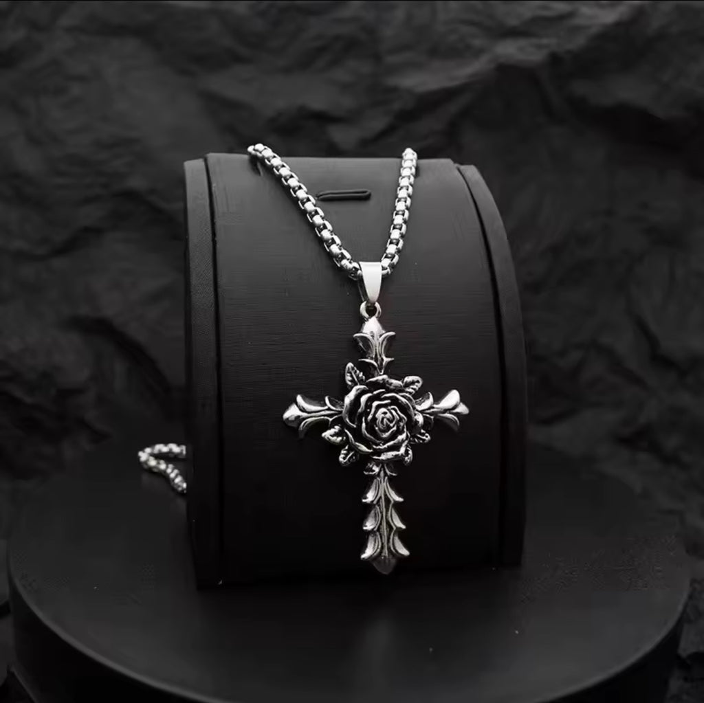 Vintage Rose Cross Pendant Necklace