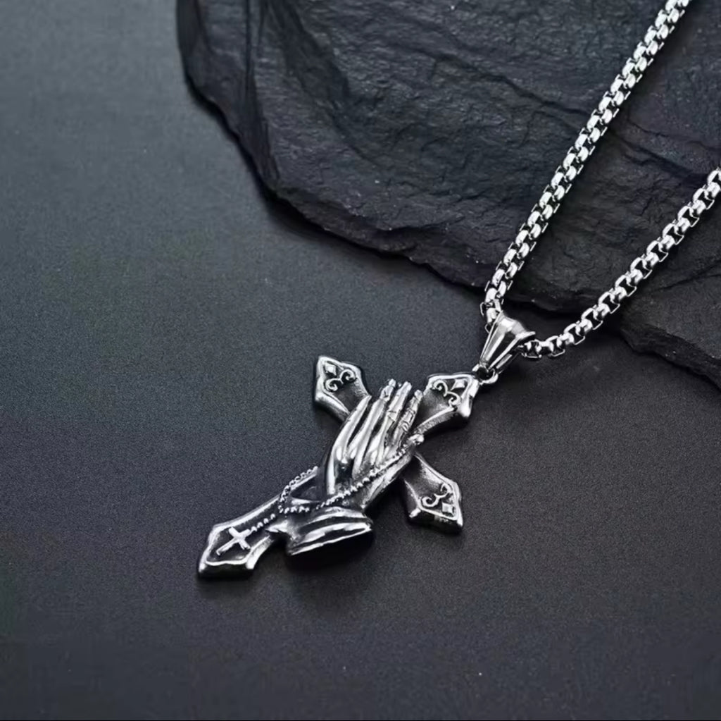 Praying Hands Cross Necklace - Stainless Steel Religious Pendant