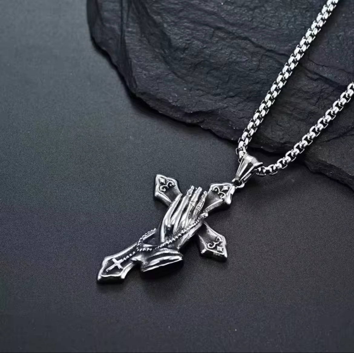 Praying Hands Cross Necklace - Stainless Steel Religious Pendant