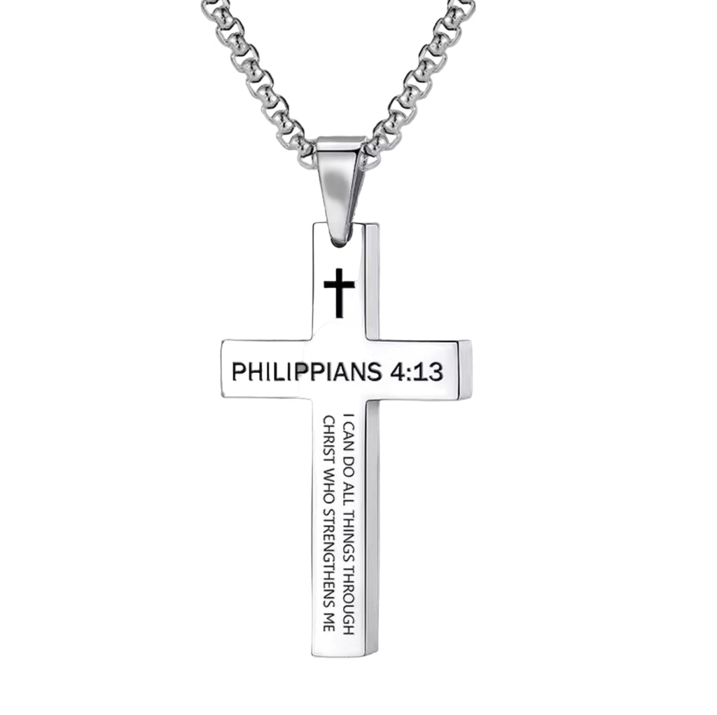 Philippians 4:13 Cross Necklace - Stainless Steel Bible Verse Pendant