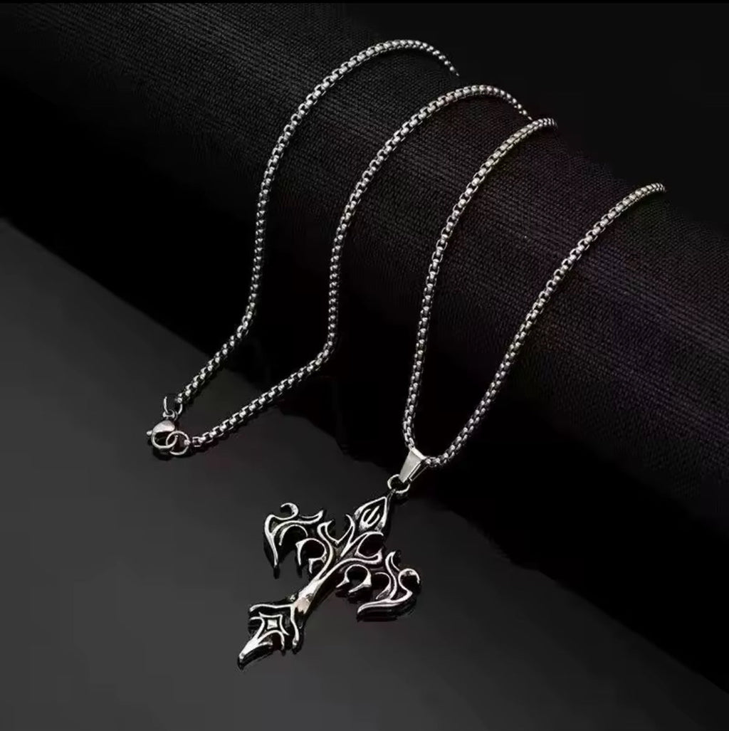 Vintage Flame Cross Pendant Necklace – Gothic Christian Fashion Jewelry