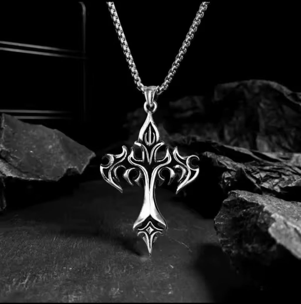 Vintage Flame Cross Pendant Necklace – Gothic Christian Fashion Jewelry