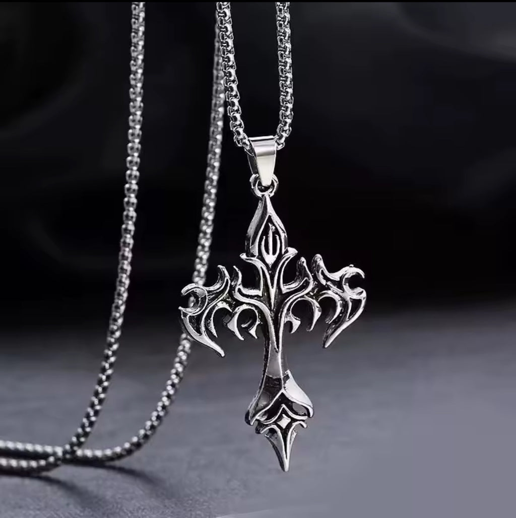 Vintage Flame Cross Pendant Necklace – Gothic Christian Fashion Jewelry
