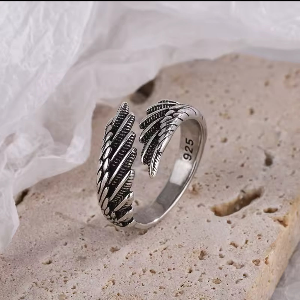 Guardian Angel Wing Ring - Adjustable Sterling Silver Feather Jewelry