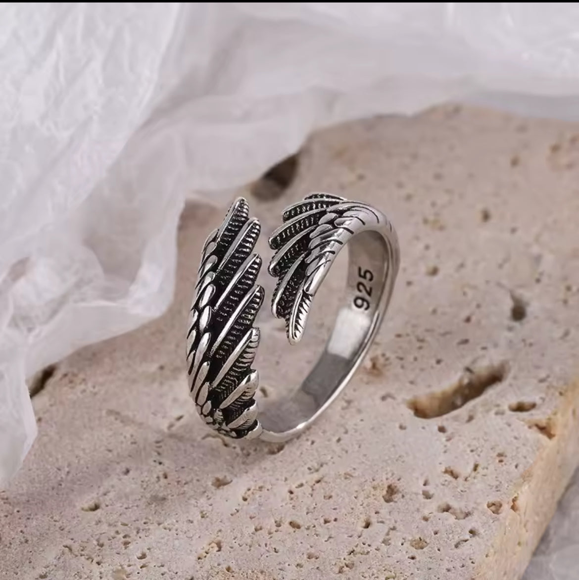 Guardian Angel Wing Ring - Adjustable Sterling Silver Feather Jewelry