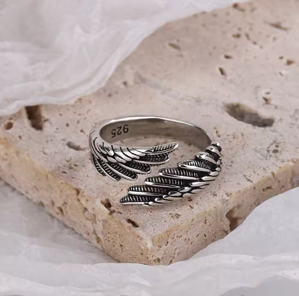 Guardian Angel Wing Ring - Adjustable Sterling Silver Feather Jewelry