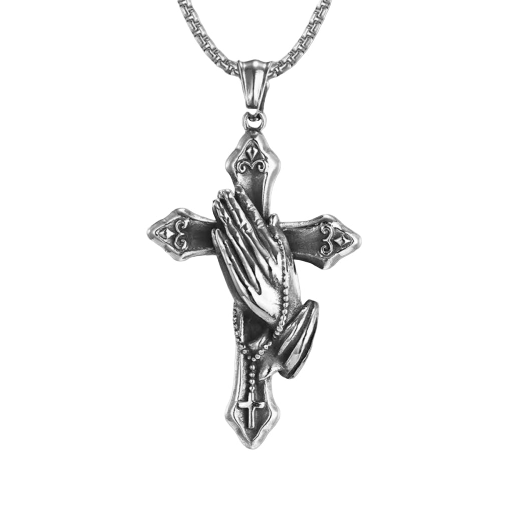 Praying Hands Cross Necklace - Stainless Steel Religious Pendant