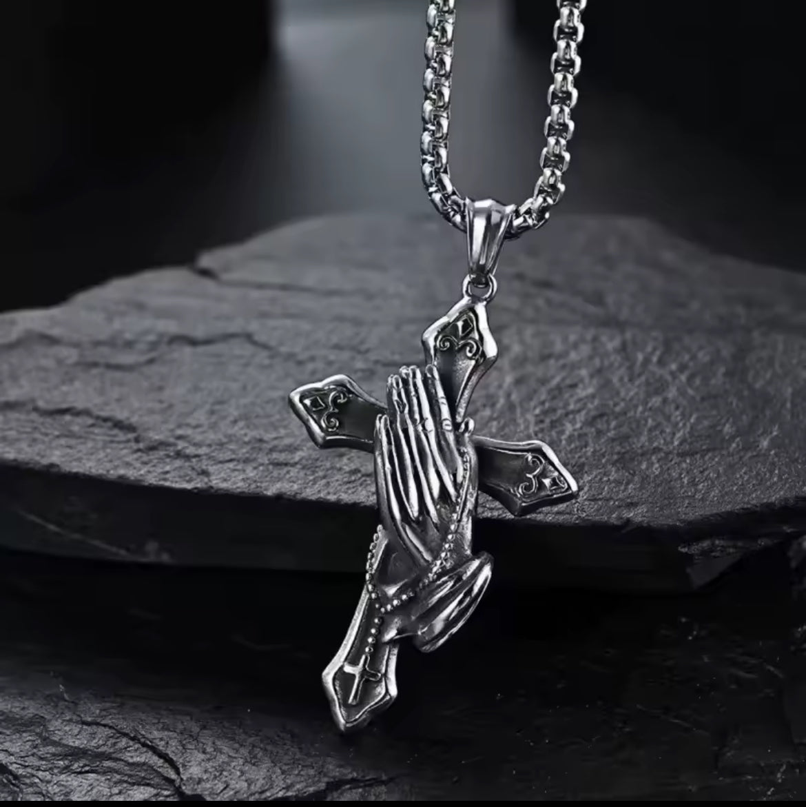 Praying Hands Cross Necklace - Stainless Steel Religious Pendant