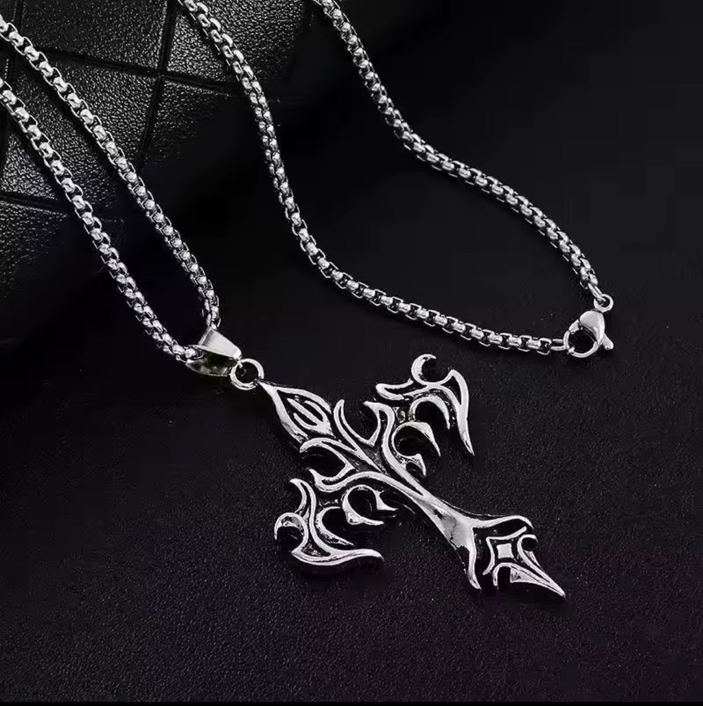 Vintage Flame Cross Pendant Necklace – Gothic Christian Fashion Jewelry