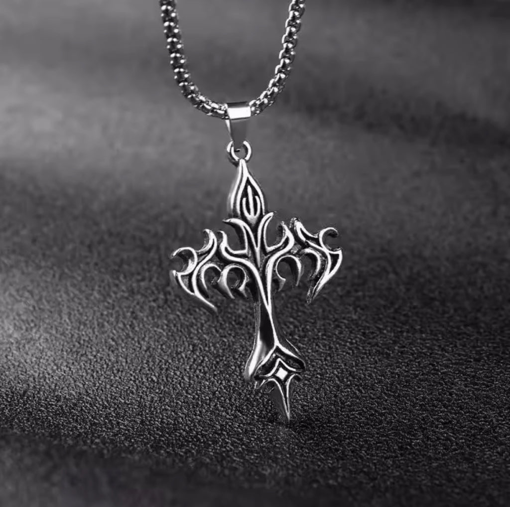Vintage Flame Cross Pendant Necklace – Gothic Christian Fashion Jewelry