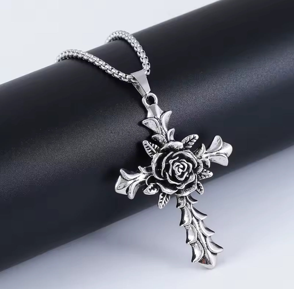 Vintage Rose Cross Pendant Necklace
